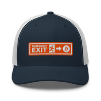 Emergency Exit bitcoin trucker cap in Navy/ White, front view.