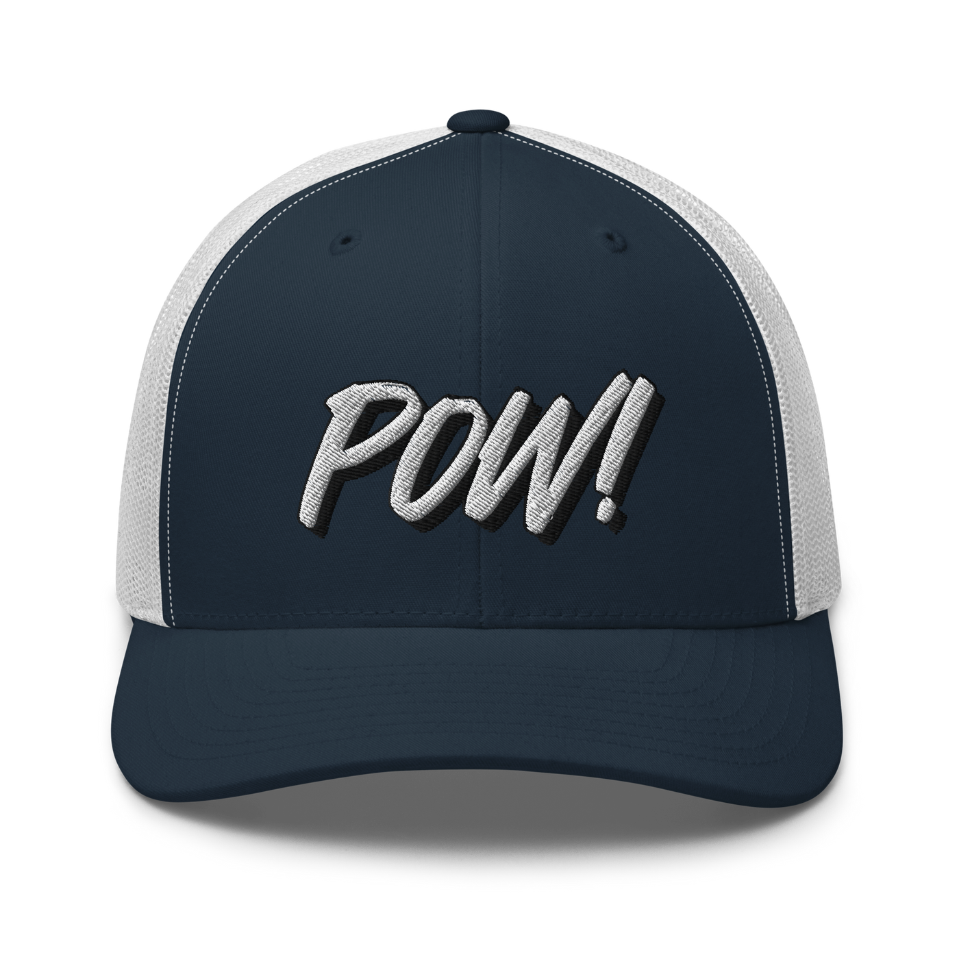 POW! bitcoin trucker cap in Navy/ White, front view.