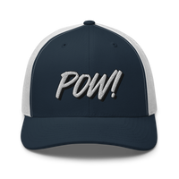 POW! bitcoin trucker cap in Navy/ White, front view.