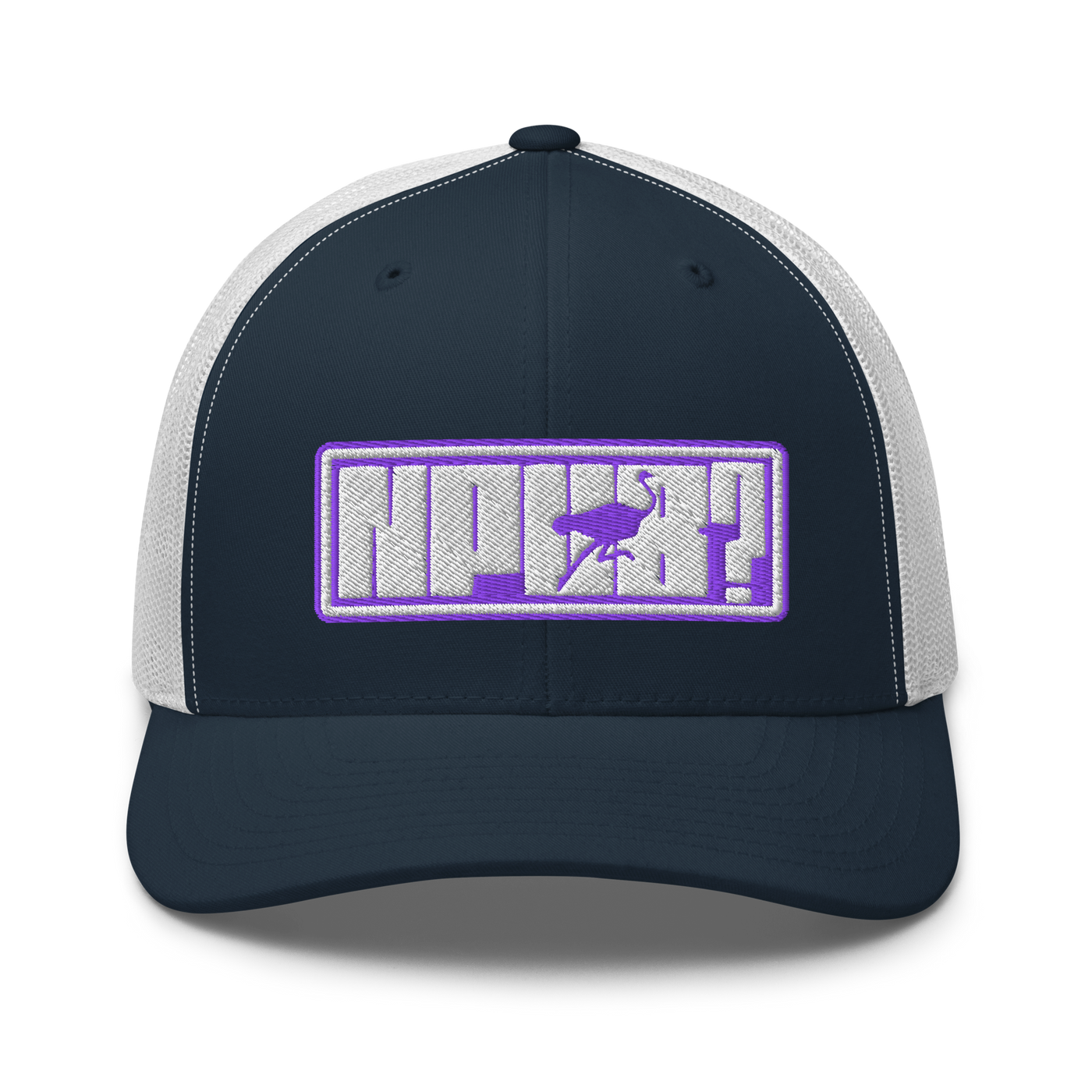 nPub? nostr trucker cap in Navy/ White, front view.