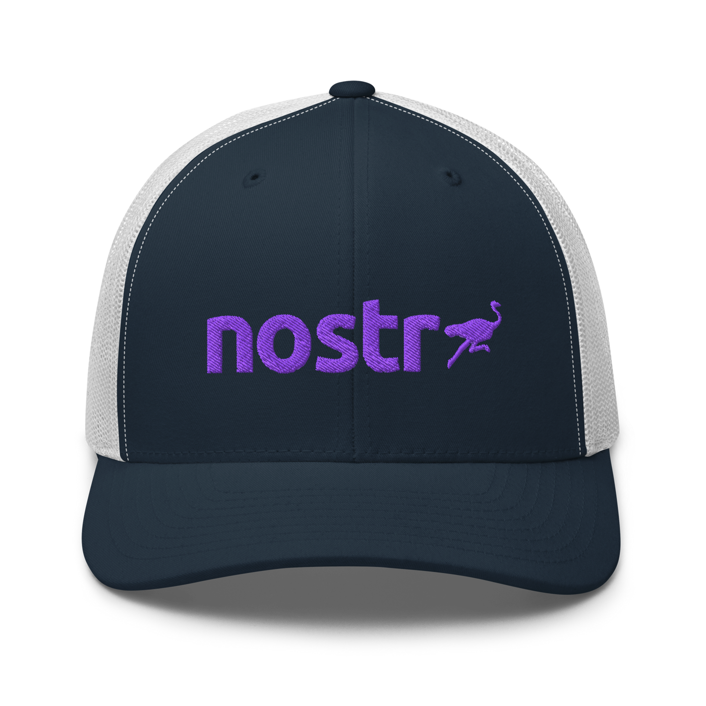 Nostr nostr trucker cap in Navy/ White, front view.
