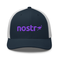 Nostr nostr trucker cap in Navy/ White, front view.