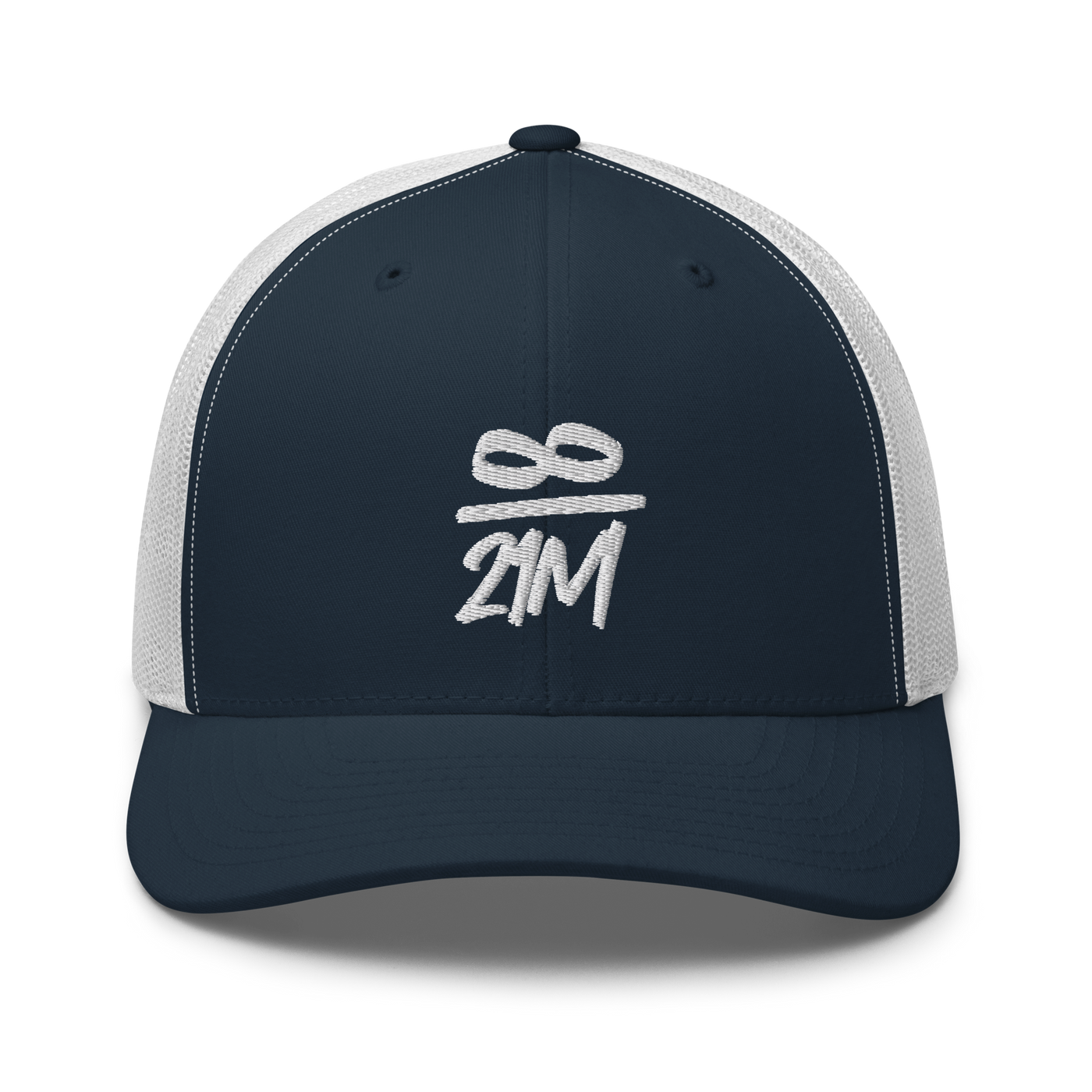 Infinity / 21M bitcoin trucker cap in Navy/ White, front view.