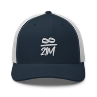 Infinity / 21M bitcoin trucker cap in Navy/ White, front view.