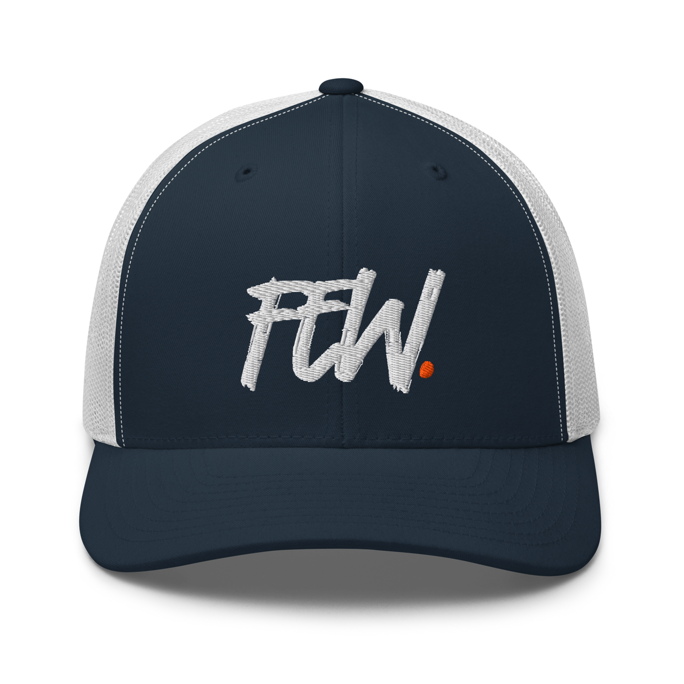 Few. bitcoin trucker cap in Navy/ White, front view.