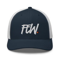 Few. bitcoin trucker cap in Navy/ White, front view.