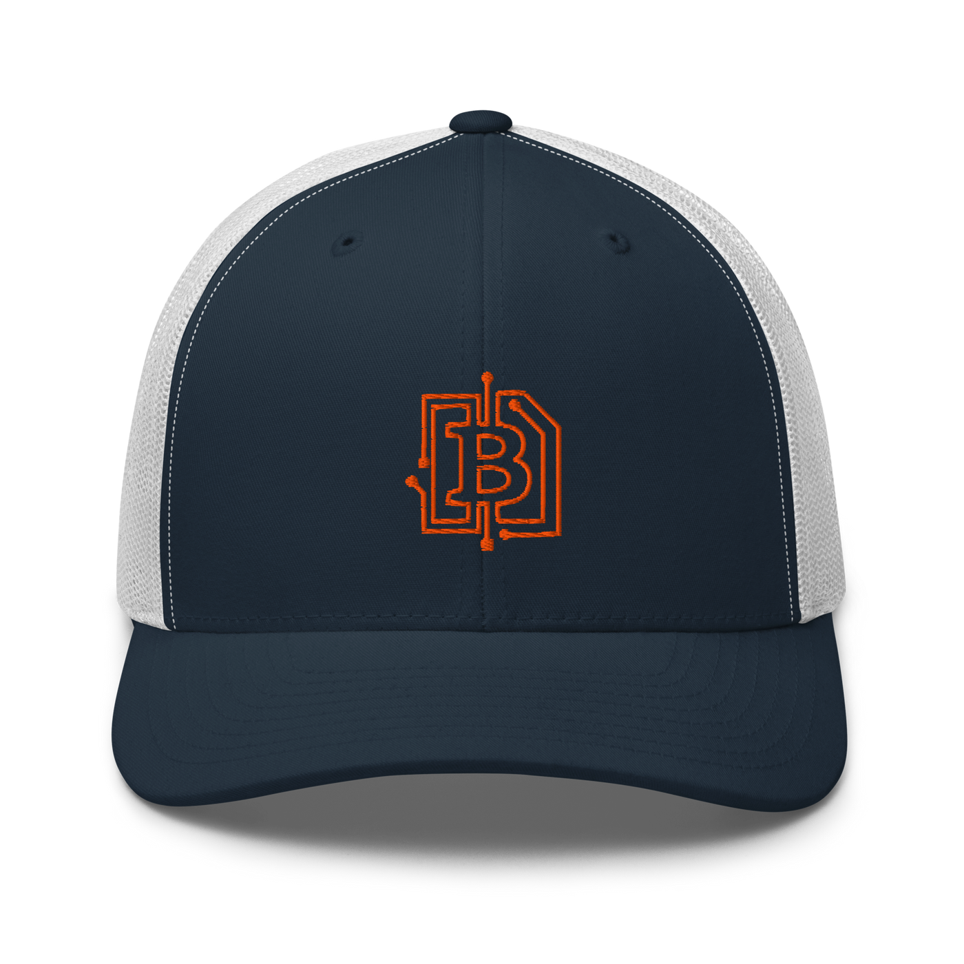 Circuit Board bitcoin trucker cap in Navy/ White, front view.