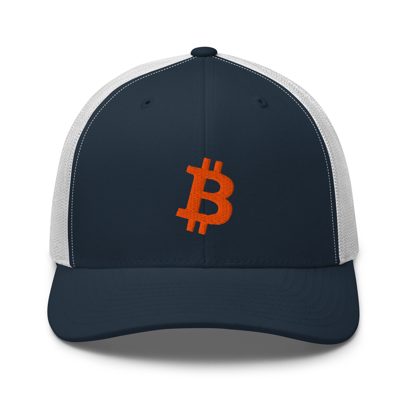 Bitcoin B bitcoin trucker cap in Navy/ White, front view.