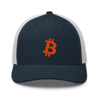 Bitcoin B bitcoin trucker cap in Navy/ White, front view.