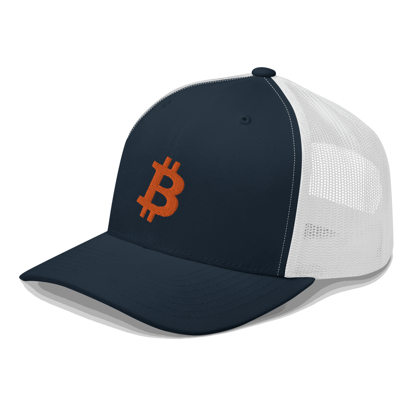 Side view of a navy blue and white bitcoin trucker cap.