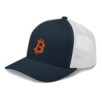 Side view of a navy blue and white bitcoin trucker cap.