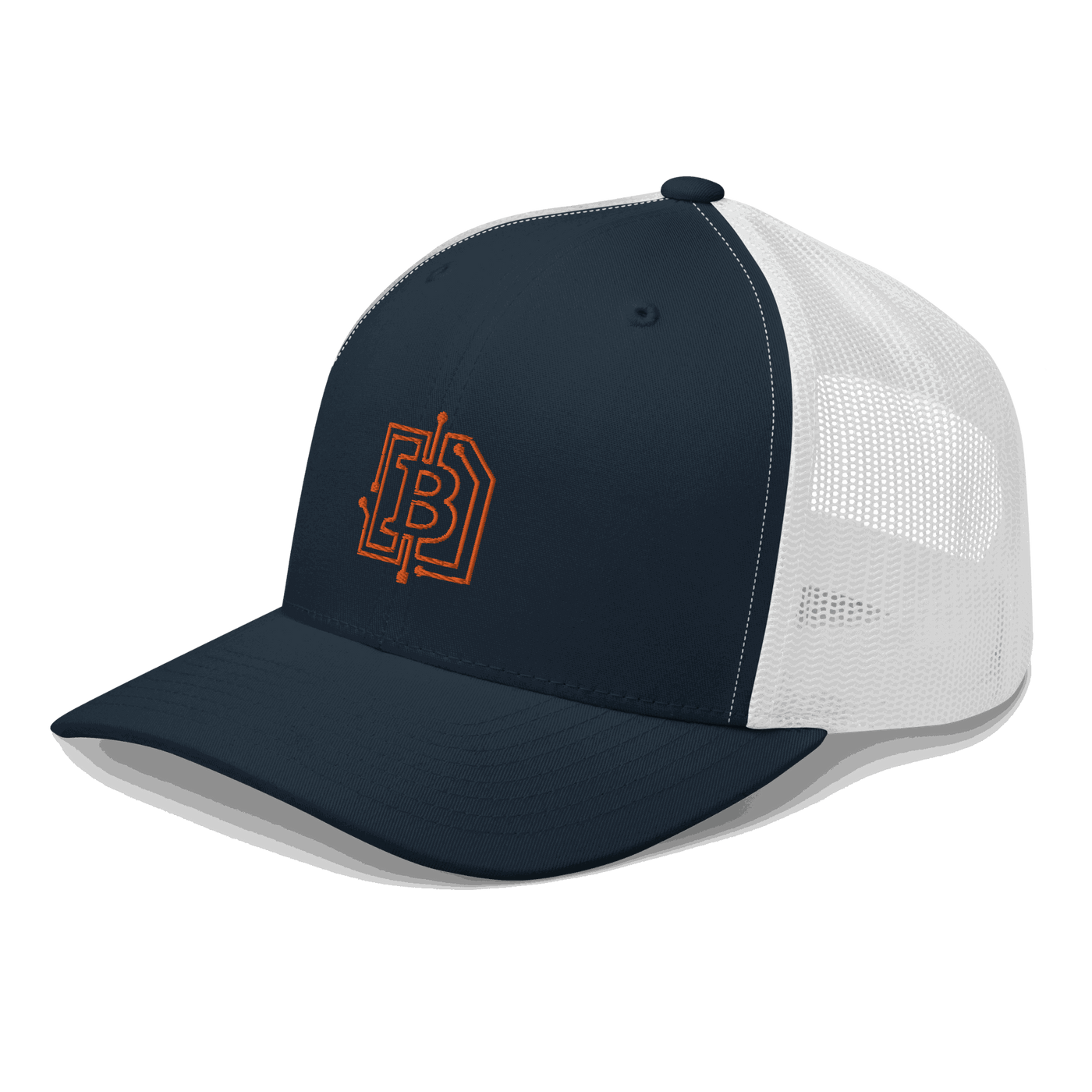 Side view of a navy blue and white bitcoin trucker cap.