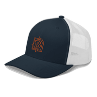 Side view of a navy blue and white bitcoin trucker cap.