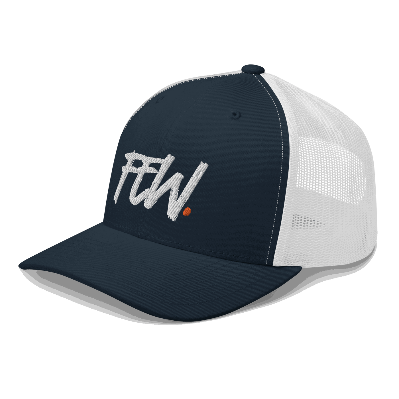 Side view of a navy blue and white bitcoin trucker cap.