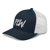 Side view of a navy blue and white bitcoin trucker cap.