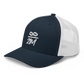 Side view of a navy blue and white bitcoin trucker cap.