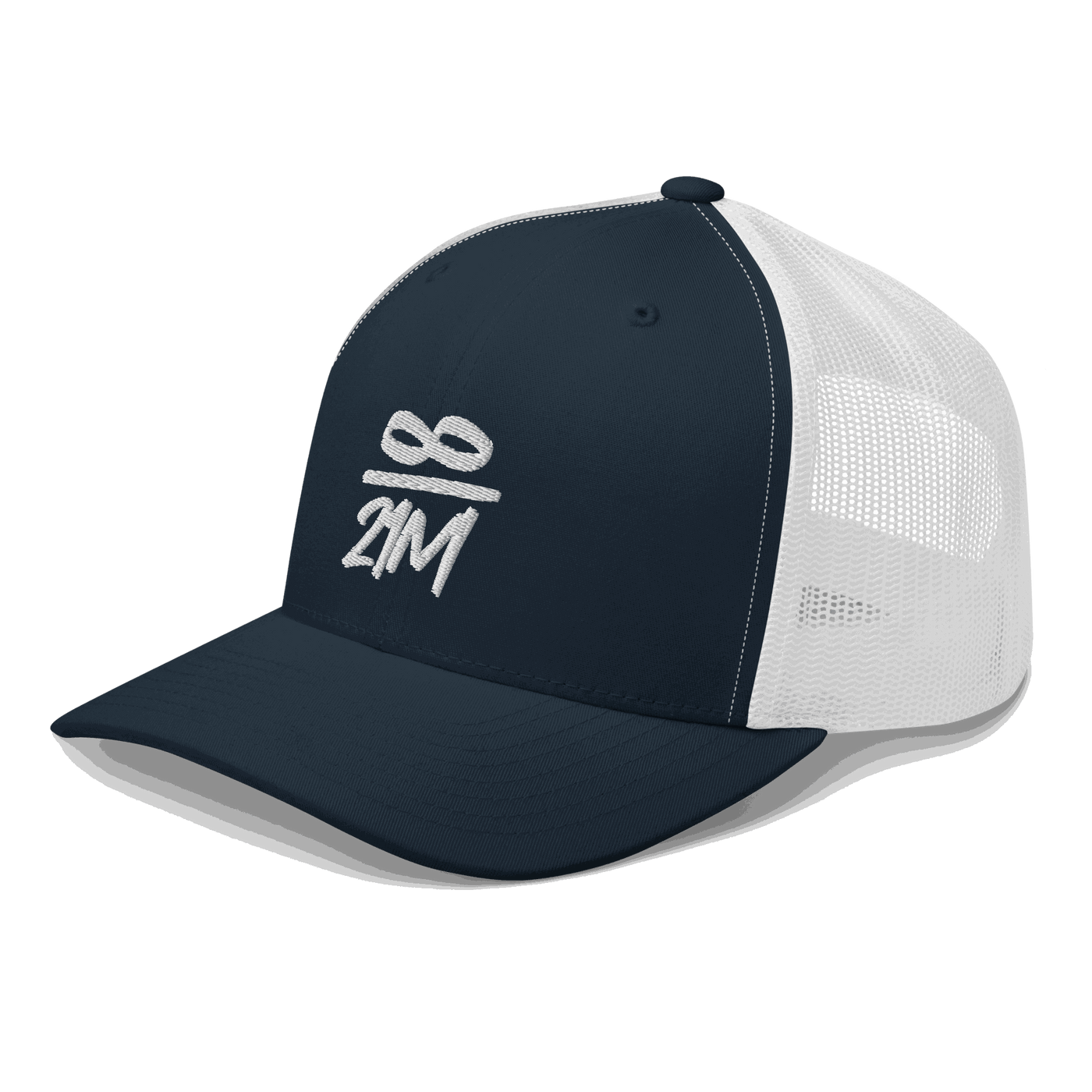 Side view of a navy blue and white bitcoin trucker cap.