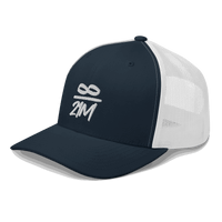 Side view of a navy blue and white bitcoin trucker cap.