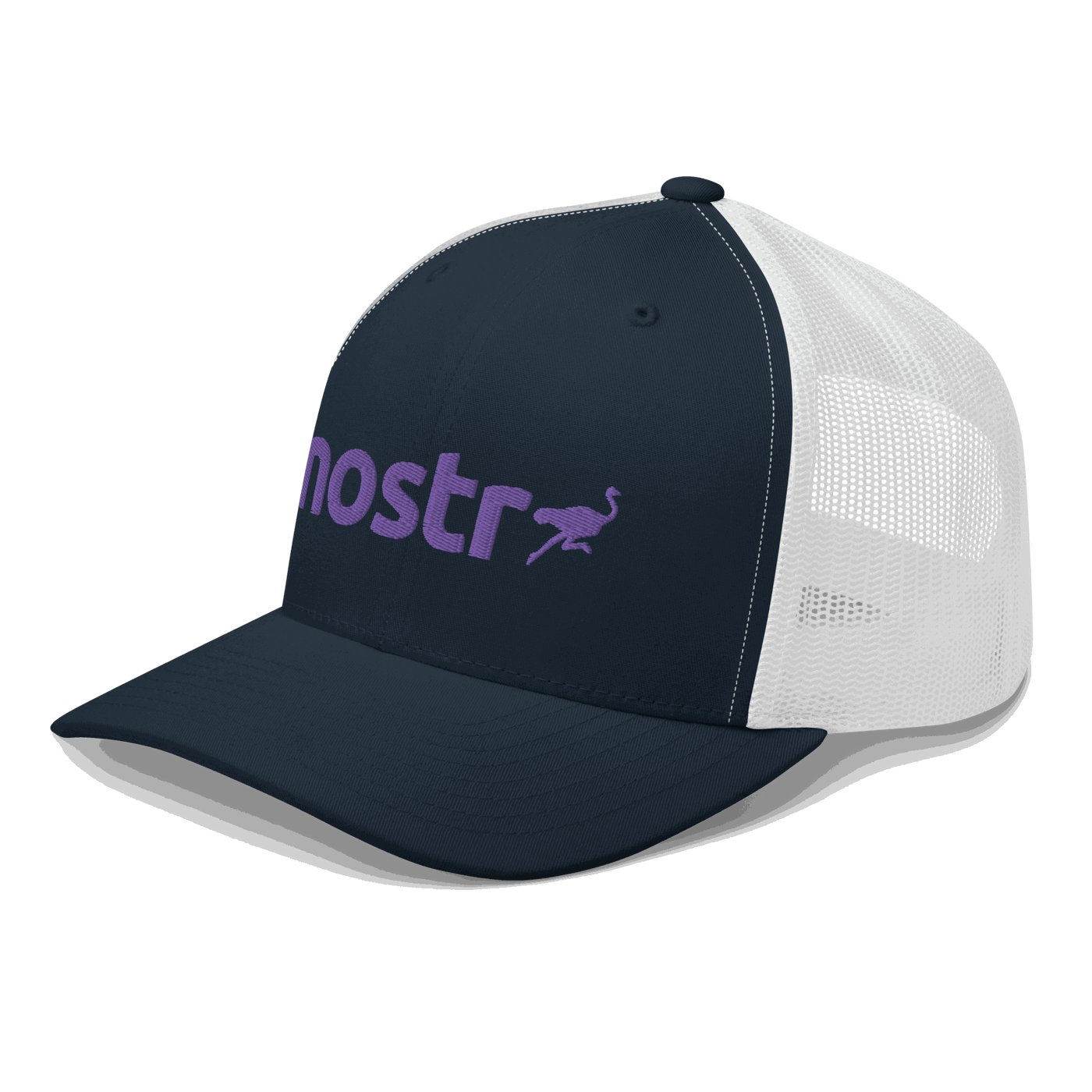 Side view of a navy blue and white bitcoin trucker cap.