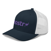Side view of a navy blue and white bitcoin trucker cap.