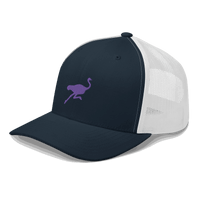 Side view of a navy blue and white bitcoin trucker cap.