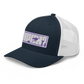 Side view of a navy blue and white bitcoin trucker cap.