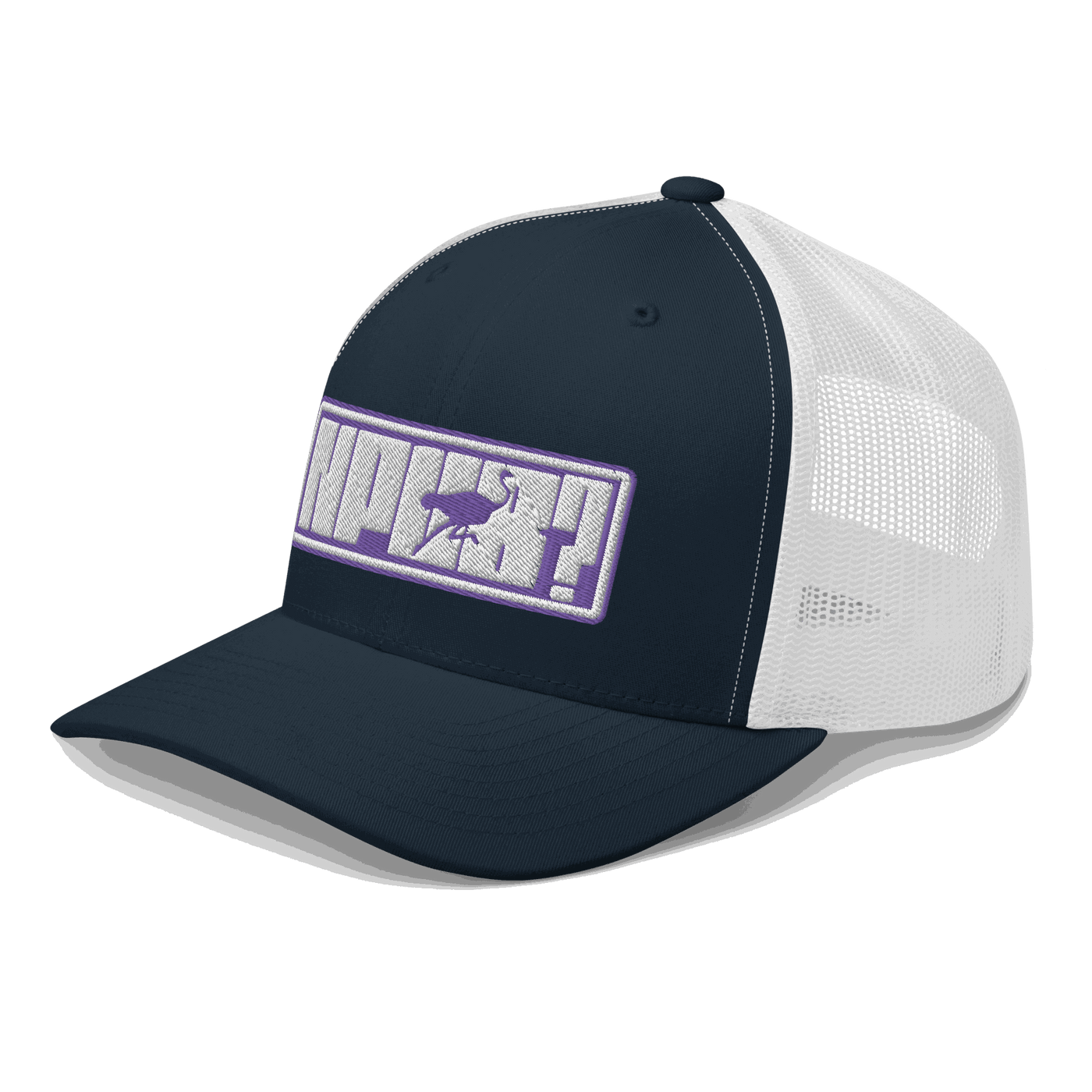 Side view of a navy blue and white bitcoin trucker cap.