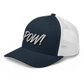 Side view of a navy blue and white bitcoin trucker cap.