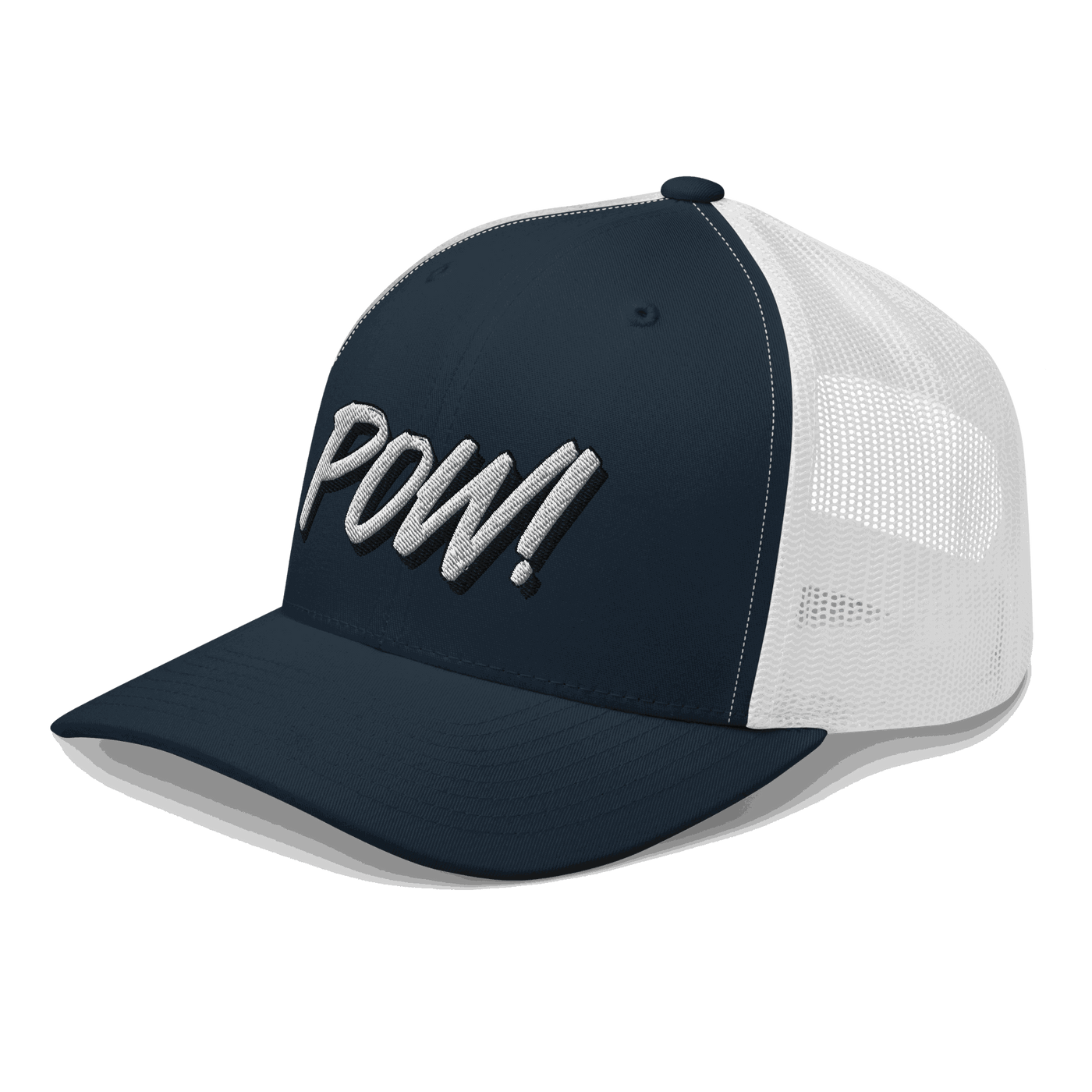Side view of a navy blue and white bitcoin trucker cap.