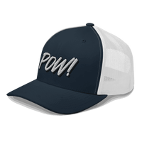 Side view of a navy blue and white bitcoin trucker cap.