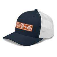Side view of a navy blue and white bitcoin trucker cap.