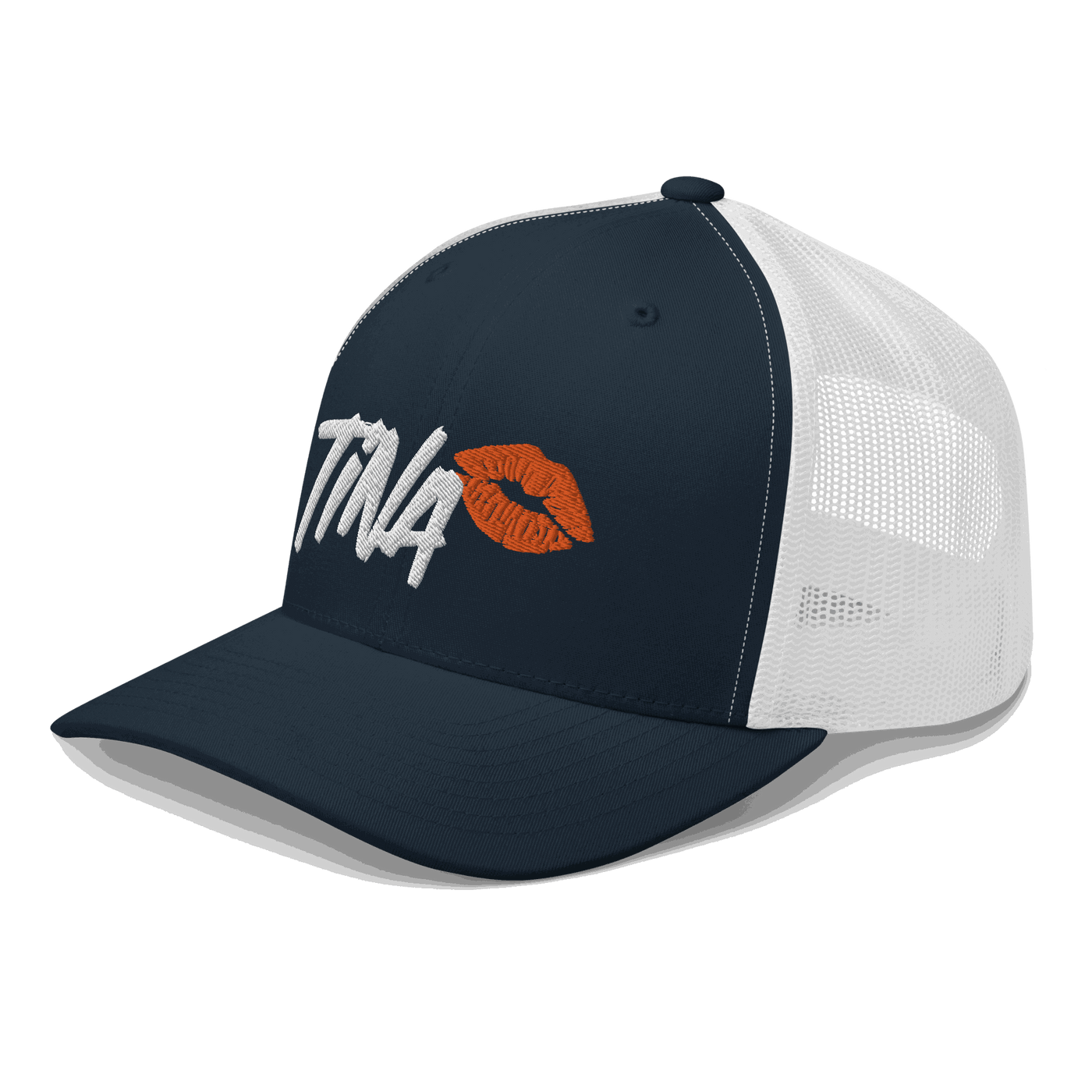 Side view of a navy blue and white bitcoin trucker cap.