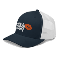 Side view of a navy blue and white bitcoin trucker cap.