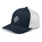 Side view of a navy blue and white bitcoin trucker cap.