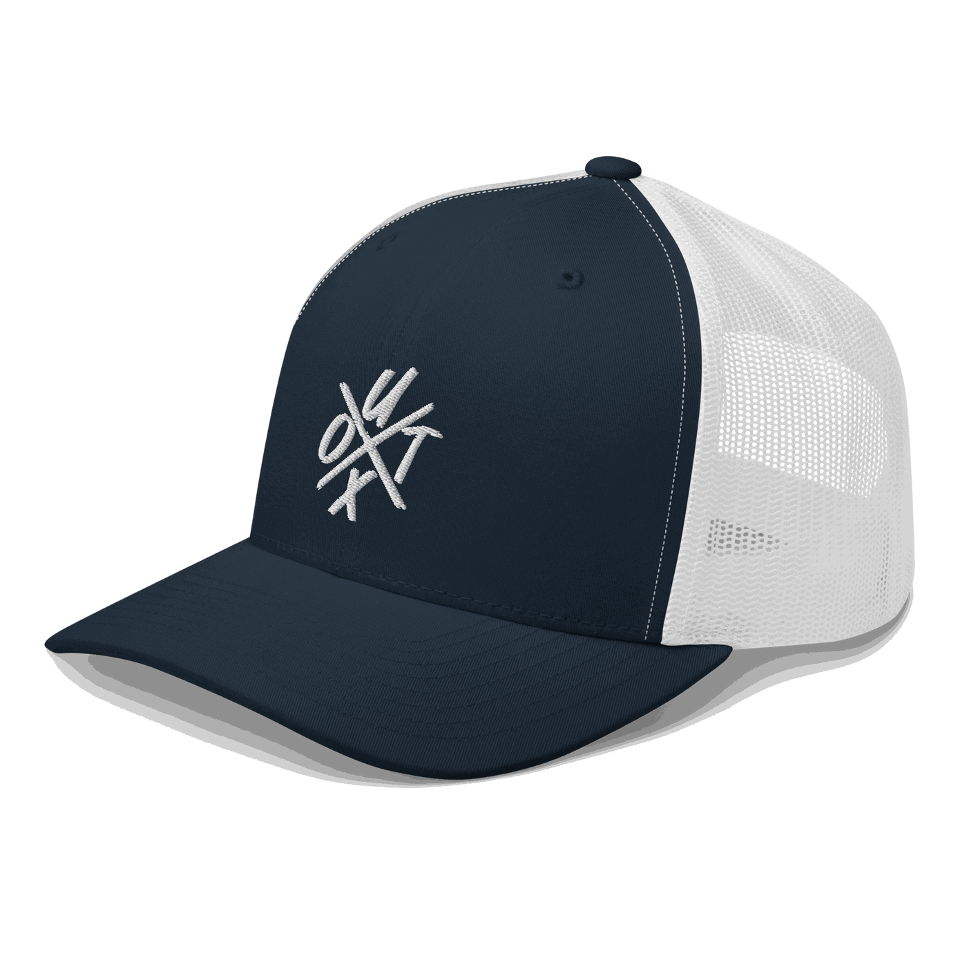 Side view of a navy blue and white bitcoin trucker cap.