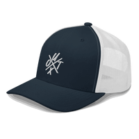 Side view of a navy blue and white bitcoin trucker cap.