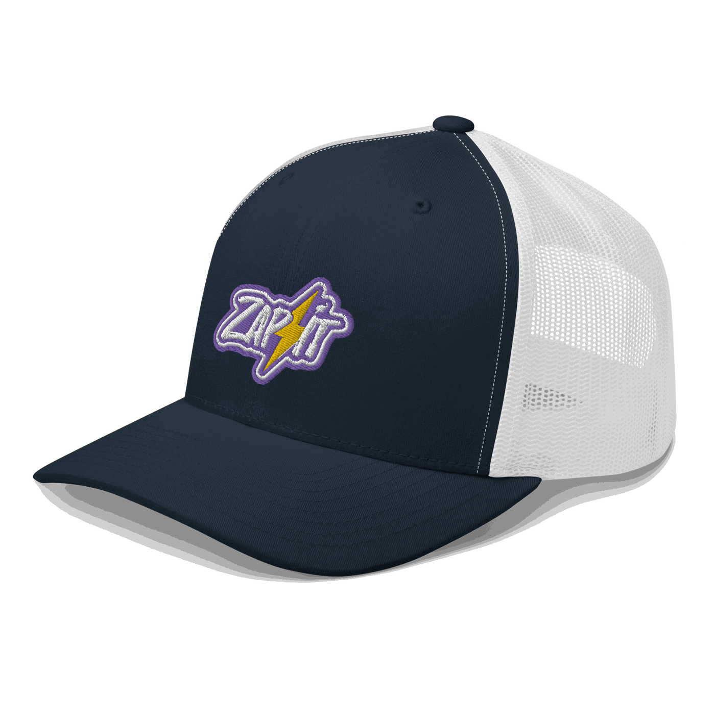 Side view of a navy blue and white bitcoin trucker cap.