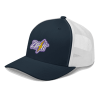 Side view of a navy blue and white bitcoin trucker cap.