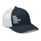 Side view of a navy blue and white bitcoin trucker cap.