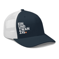 Einundzwanzig Bitcoin trucker cap with mesh back and embroidered logo, promoting bitcoin knowledge and freedom tools.