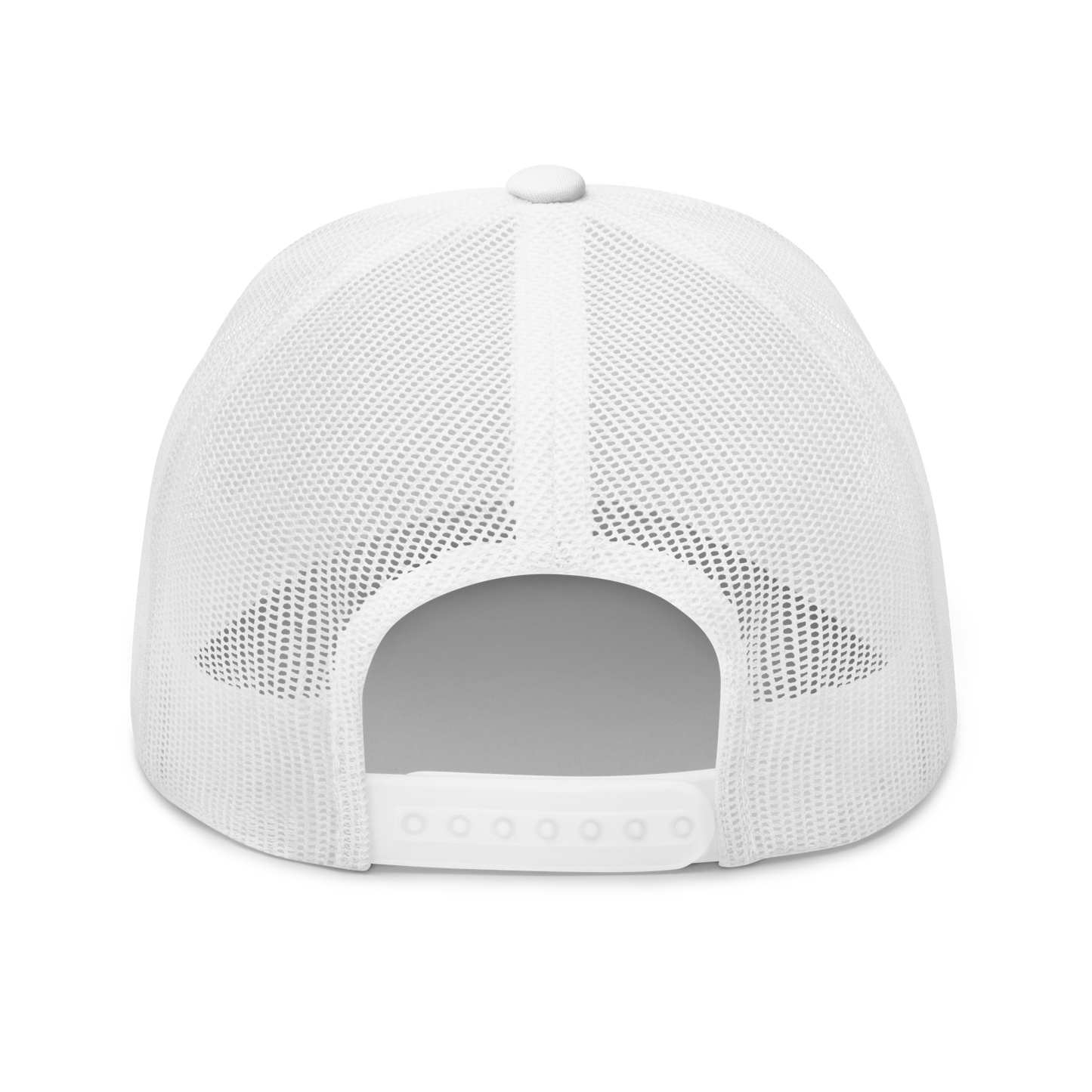 Back view of a white bitcoin trucker cap.