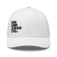 Front view of a white bitcoin trucker cap.