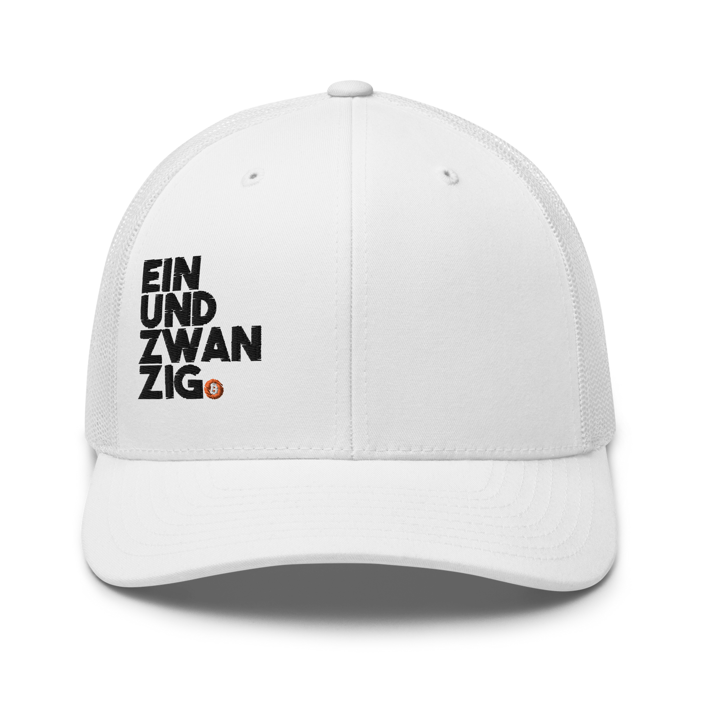 Front view of a white bitcoin trucker cap.