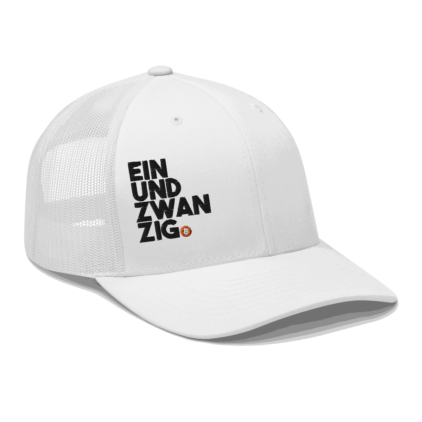 Black Einundzwanzig Bitcoin trucker cap with mesh back and embroidered logo