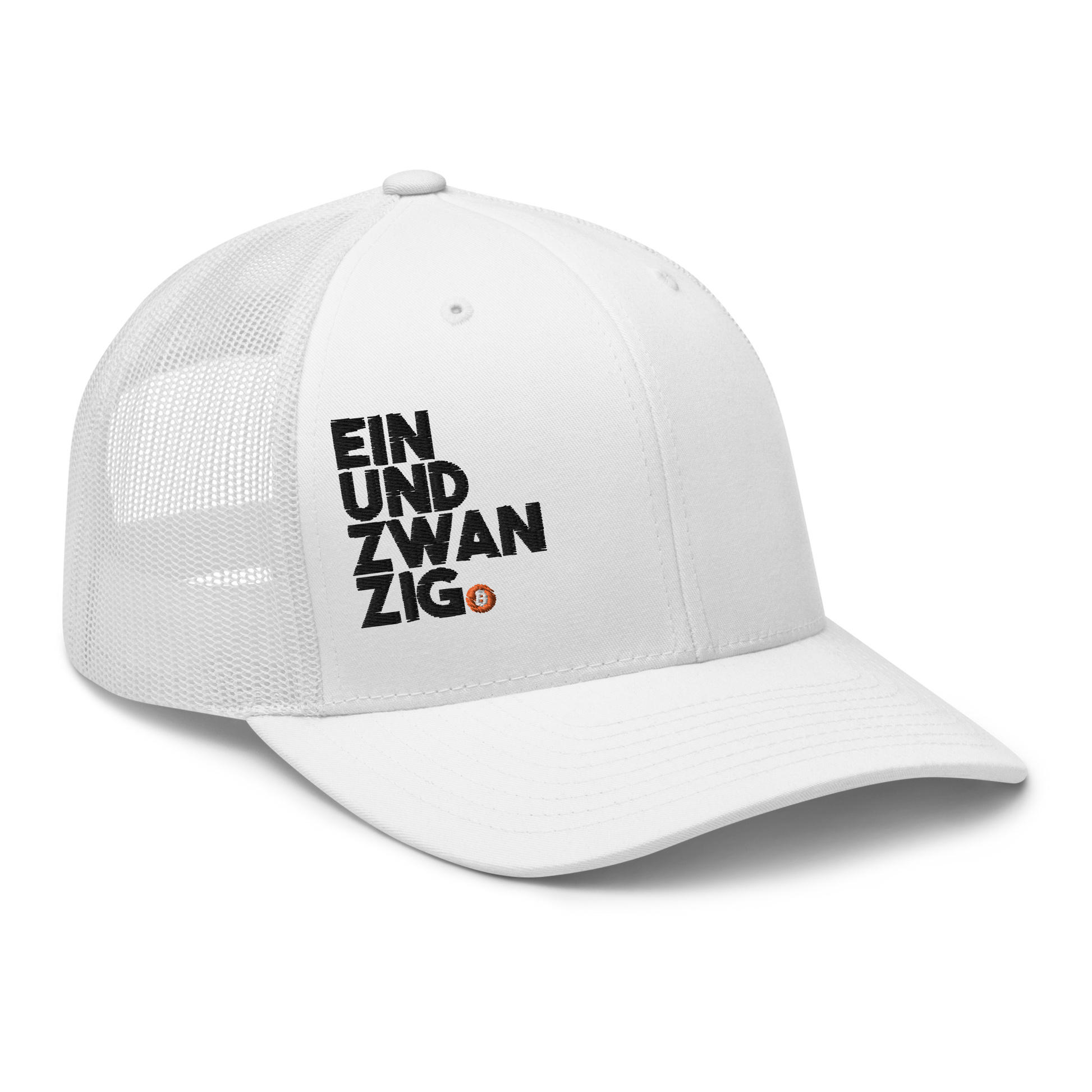 Side view of a white bitcoin trucker cap.