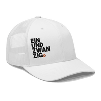 Black Einundzwanzig Bitcoin trucker cap with mesh back and embroidered logo