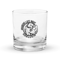 Anarcho Late Night Logo Rocks glass anarcho late night logo rocks glass, front view: a clear rocks glass carrying the circular ANARCHO LATE NIGHT HARLEKIN badge in black, a flexing bear with an anarchy symbol.