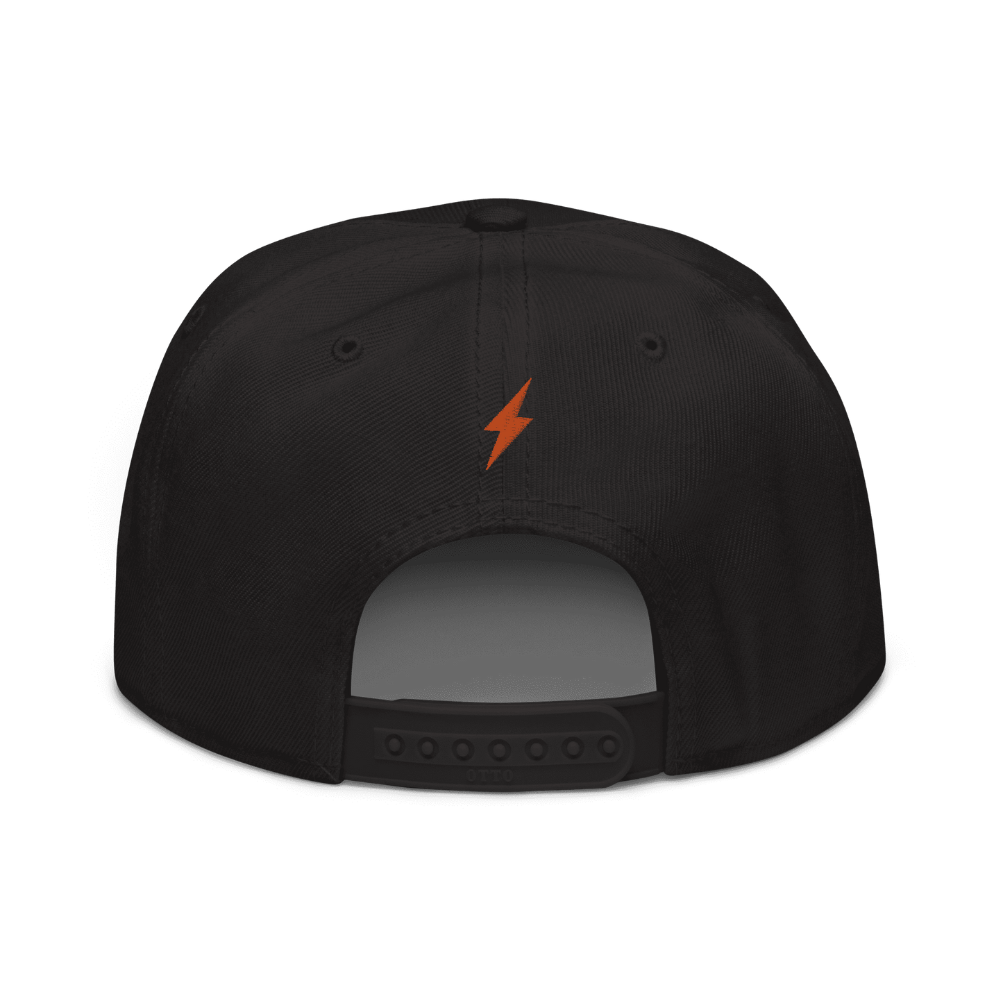 Back view of a black bitcoin snapback hat.