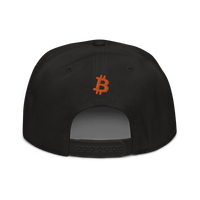 Black Bitcoin B snapback hat with yellow logo and flat grey under visor