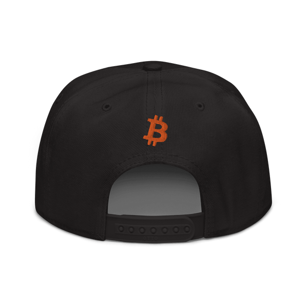 Black Bitcoin B snapback hat with yellow logo and flat grey under visor